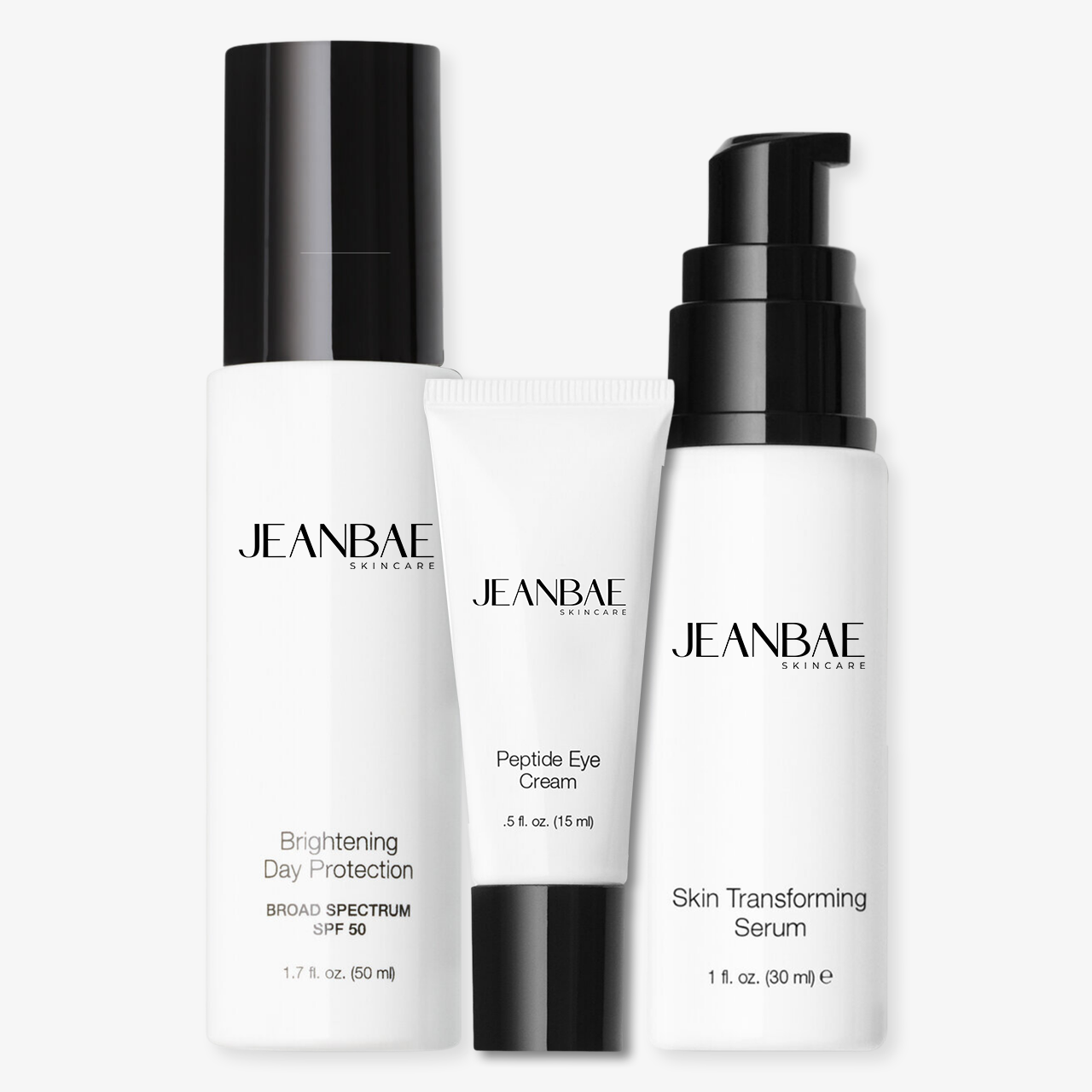 JEANBAE's Transformation Trio features the Skin Transformation Serum, Peptide Eye Cream, and Brightening Day Protection Moisturizer with SPF 50.  FEATURES Limited edition skincare set Full-size items Cruelty-Free